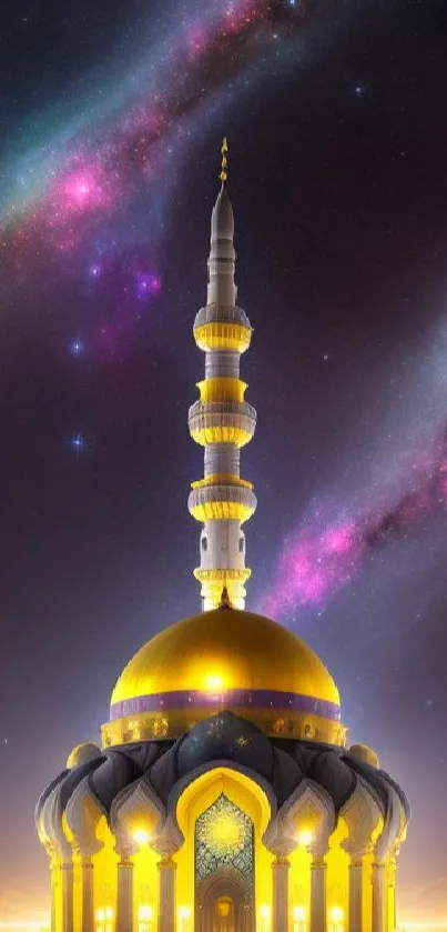 Golden mosque under a starry night sky with a cosmic backdrop.