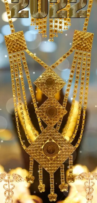 Luxurious gold necklace with ornate design and sparkling accents in 2022 theme.