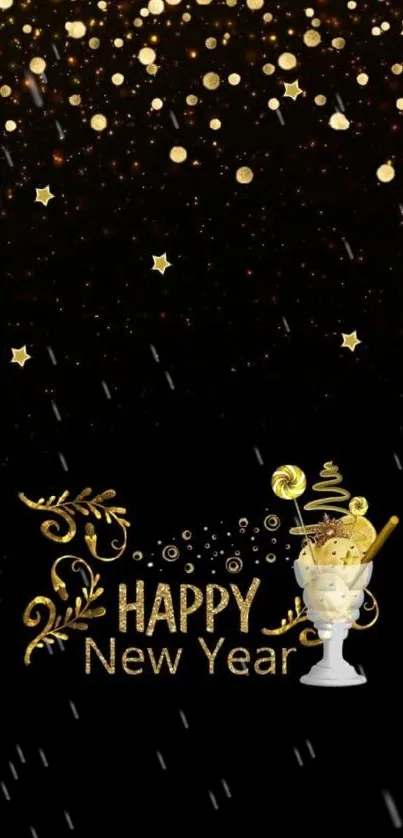 Festive New Year wallpaper with gold stars and text on a black background.