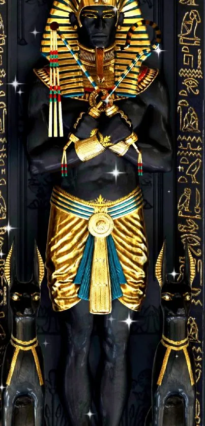 Egyptian pharaoh statue with gold accents and hieroglyphics on a black background.