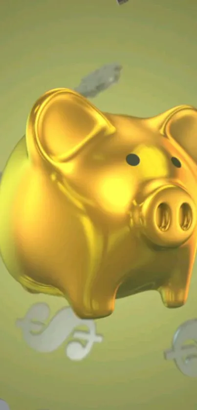 3D gold piggy bank with dollar signs on green background.