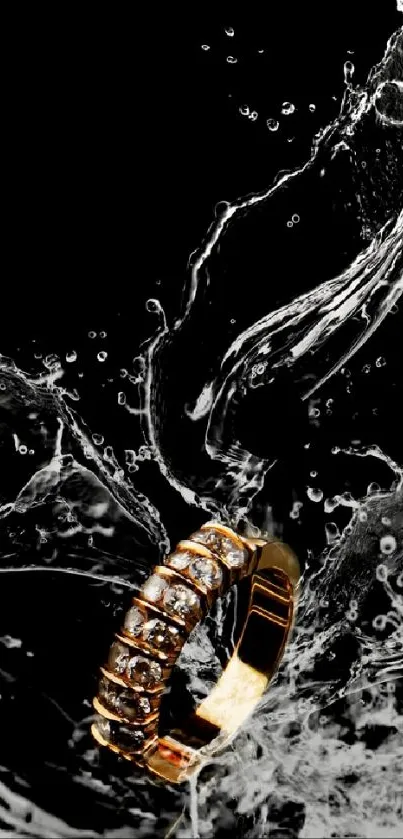 Gold ring with water splash art on black background.