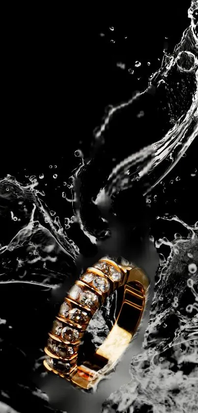 Elegant gold ring with diamonds splashing through water on a dark background.