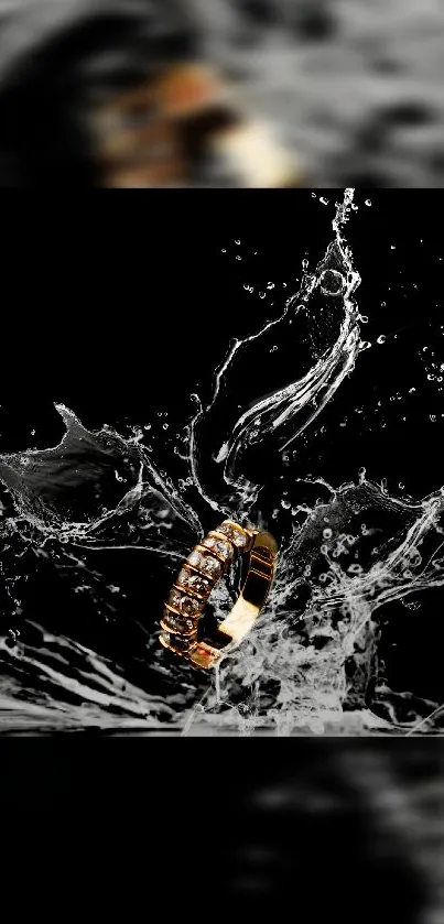 Luxurious gold ring with water splash on dark background.