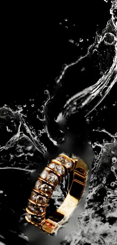 Gold ring with water splash on a black background.
