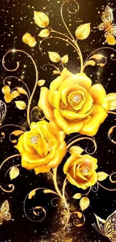 Golden roses and butterflies on black background wallpaper.