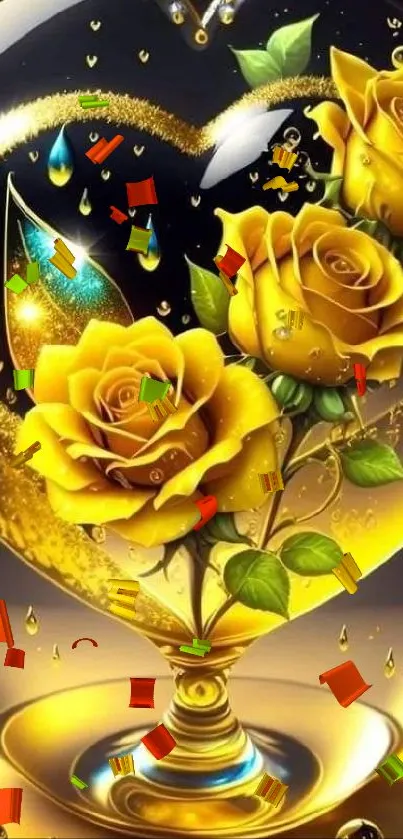 Golden roses in a glass heart with glowing artistic design.