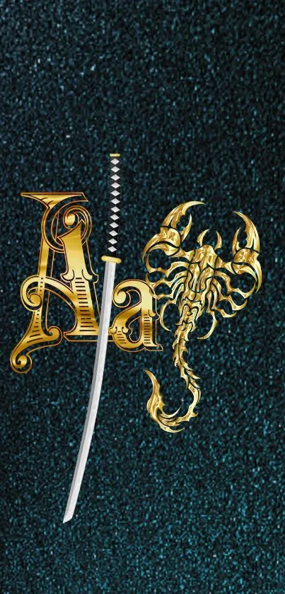 Golden scorpion and sword on a dark teal background.