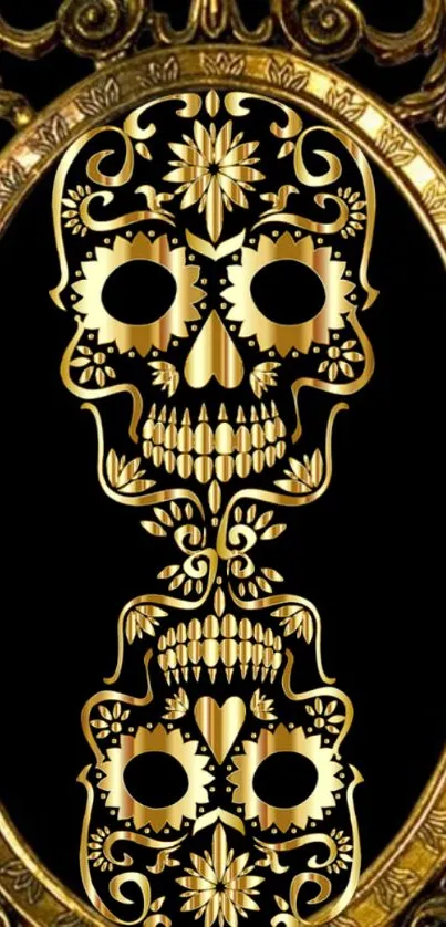 Ornate gold skull design on dark background.