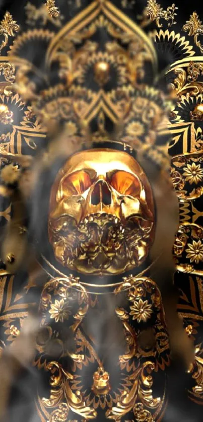 Gold skull art wallpaper with intricate designs.