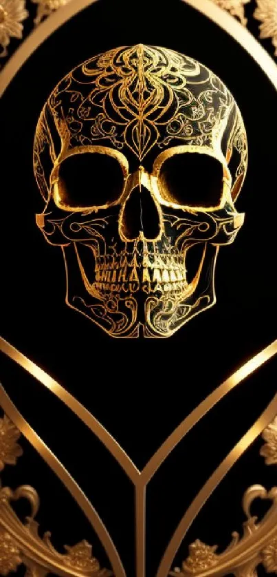 Intricate gold skull art on black background wallpaper.