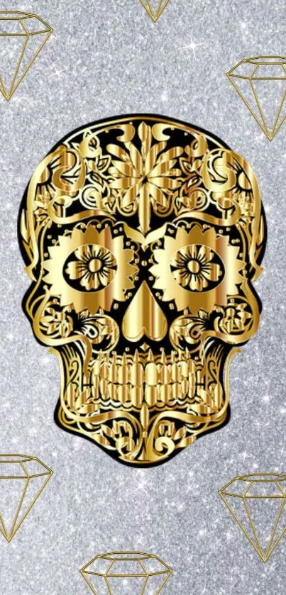 Intricate gold skull on silver glitter background with diamond accents.