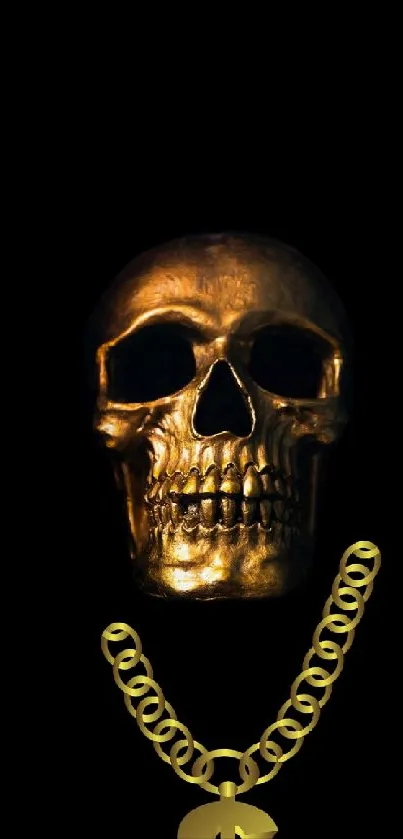 Golden skull and dollar chain on dark background.