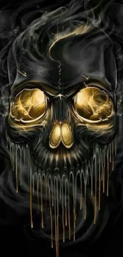 Dark wallpaper with a golden, glowing skull design.