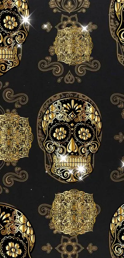 Intricate gold skull wallpaper on dark background with ornate patterns.