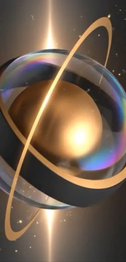 Futuristic gold sphere with glowing rings on dark background.