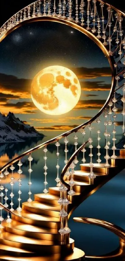 Golden spiral staircase under a moonlit sky reflecting on a tranquil lake.