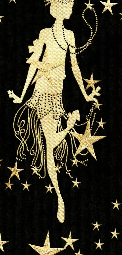 Golden fairy holding stars on black wallpaper.