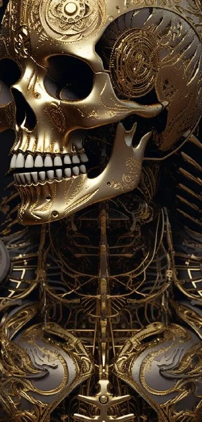 Intricate steampunk skull with gold metallic details on a dark background.