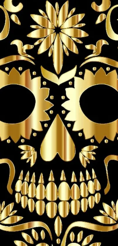 Gold sugar skull design with floral patterns on a dark background.