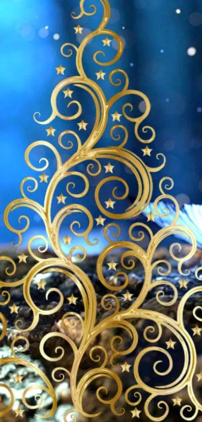 Gold swirl design on blue background wallpaper.