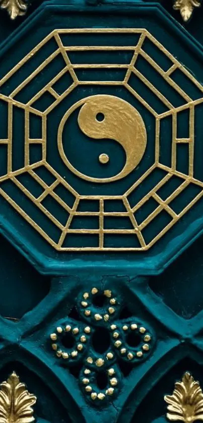 Gold Yin Yang symbol with teal backdrop.