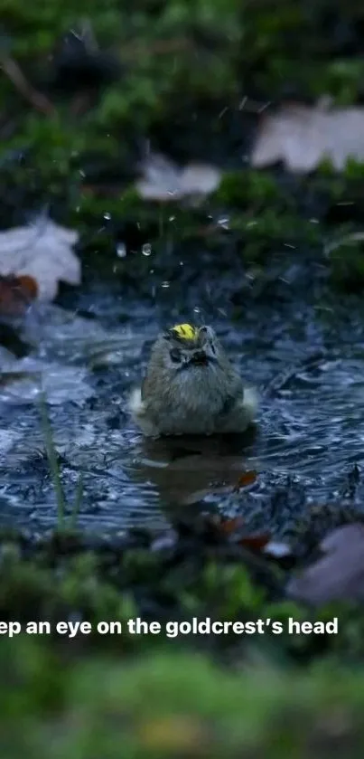 Goldcrest bathing in a serene forest pool.