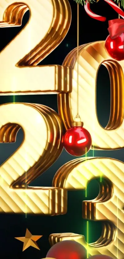 Festive gold 2023 wallpaper with decorations.