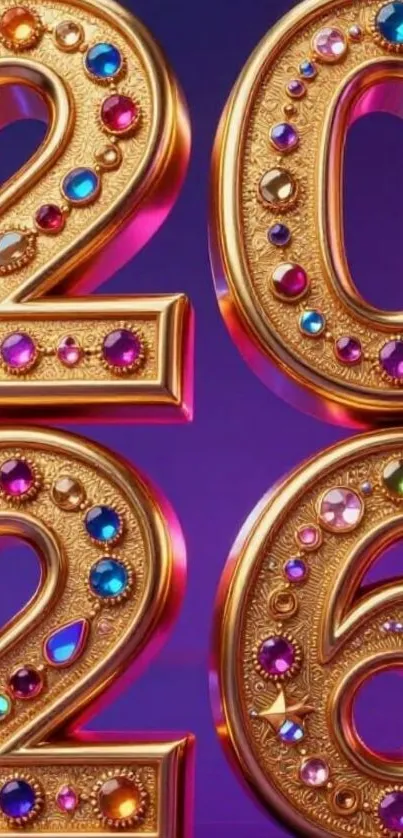 Golden 2026 numbers with colorful jewels on purple background.