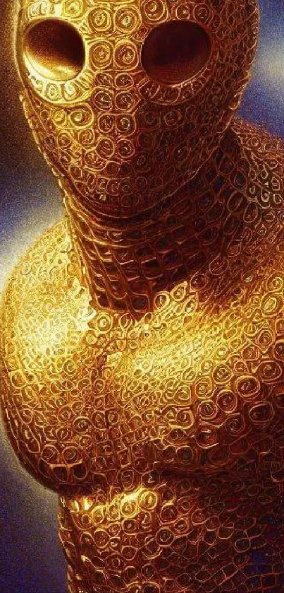 Golden abstract figure with intricate patterns on a blue background.