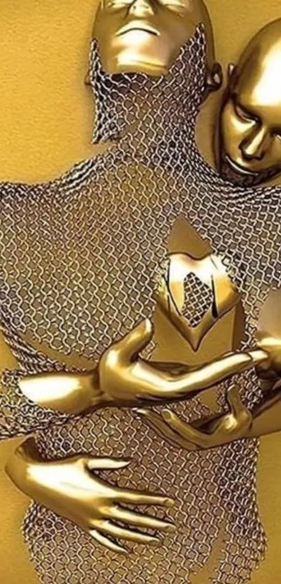Golden abstract sculpture embrace wallpaper
