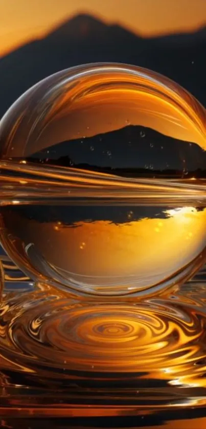 Golden sphere reflecting mountain silhouette with glowing effect.