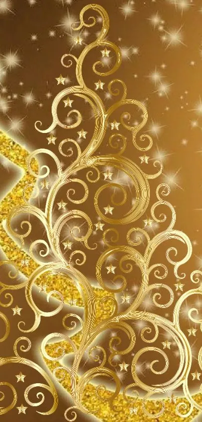 Golden abstract swirl wallpaper with sparkles.