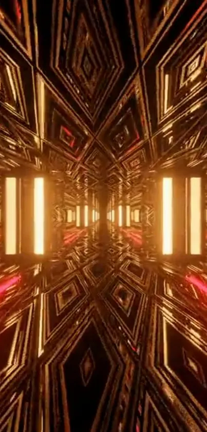 Golden abstract tunnel art with mirrored lights.