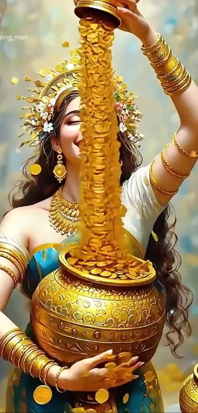 Goddess pouring golden coins from a pot, symbolizing abundance and wealth.