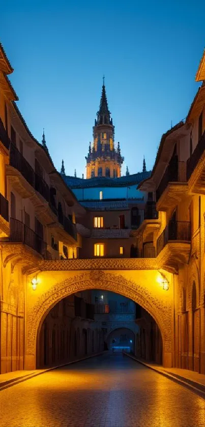 Golden-lit alleyway at dusk with towering spire in the background.