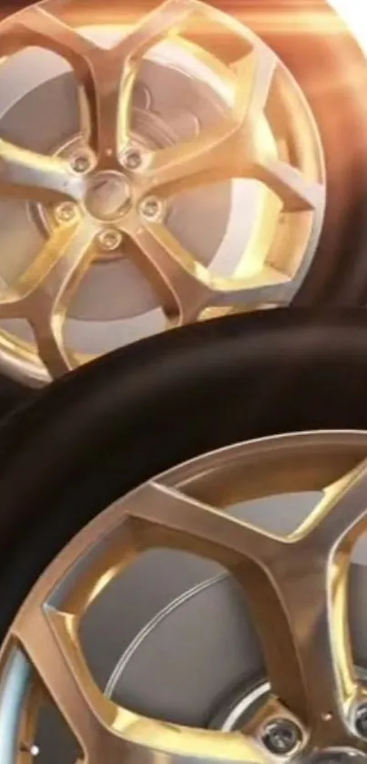 Golden alloy wheel with sunlight on mobile wallpaper.