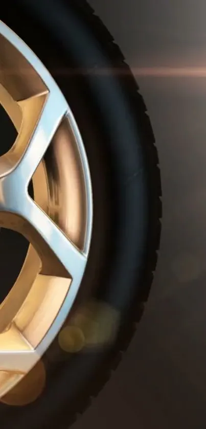 Close-up of a stylish golden alloy wheel with a modern design.