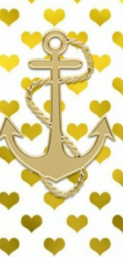 Golden anchor with rope on heart patterned wallpaper.