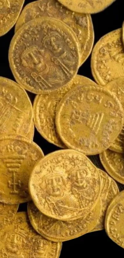 Ancient golden coins scattered in a rich, vintage wallpaper.