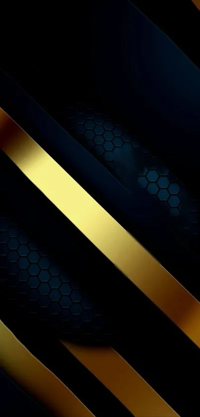 Golden lines on black abstract wallpaper with hexagonal design elements.