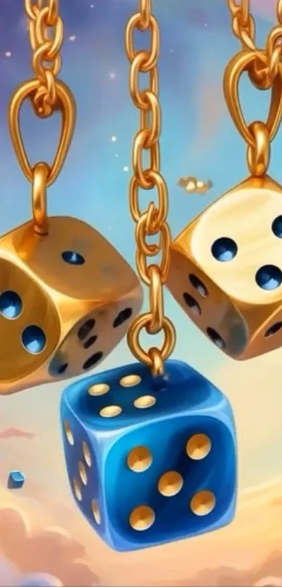 Golden and blue dice hanging against a dreamy sky.