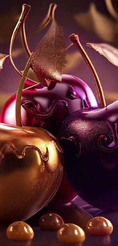 Golden and purple cherries with metallic leaves on a mobile wallpaper.