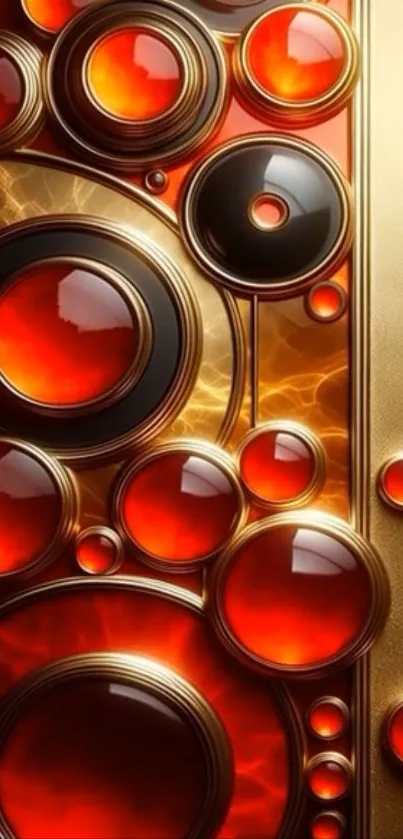 Abstract golden and red circles wallpaper design.