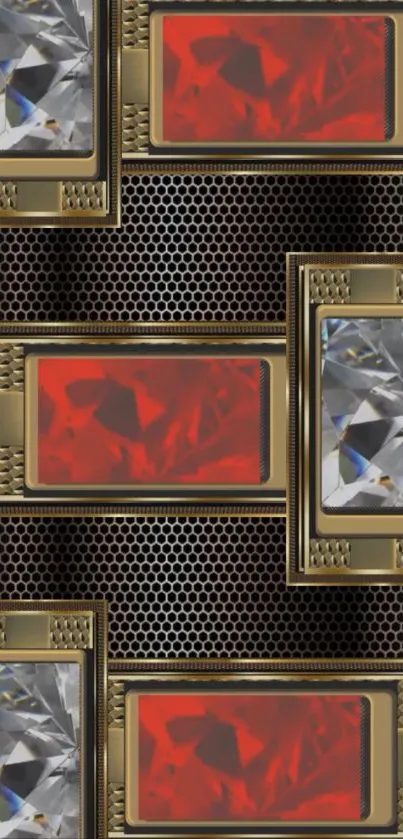 Geometric pattern wallpaper with gold and red elements.