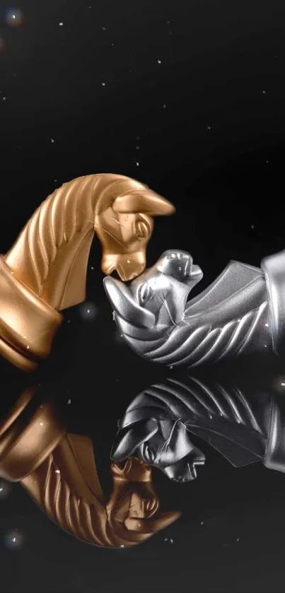 Elegant chess pieces in gold and silver with a reflective black background.