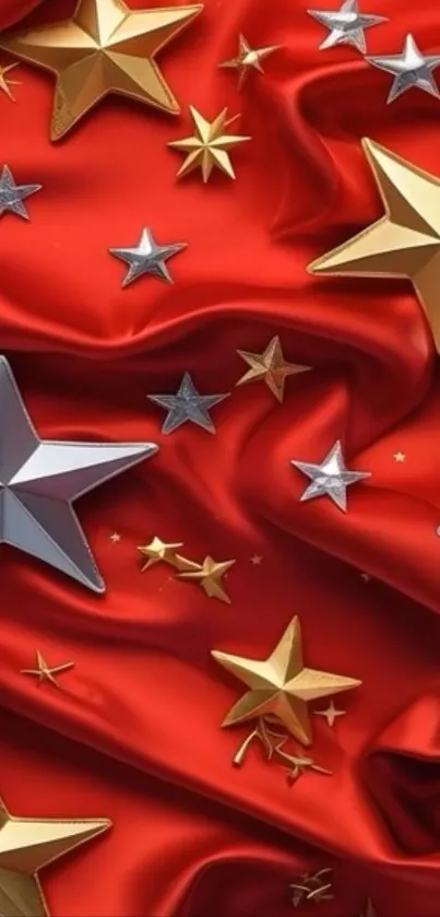 Red wallpaper with gold and silver stars.