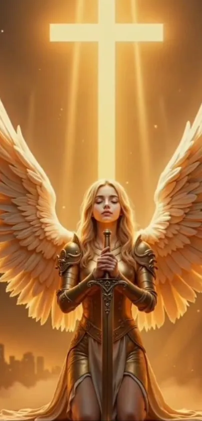 Golden angel kneeling with a cross glowing above.