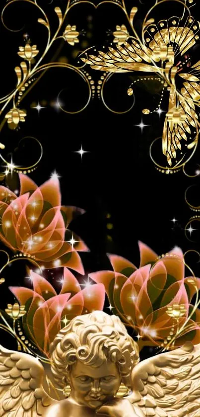 Golden angel and lotus wallpaper with butterfly and stars, elegant design.