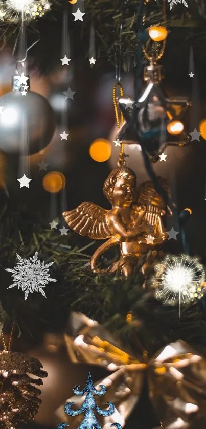 Golden angel ornament on Christmas tree with festive lights.